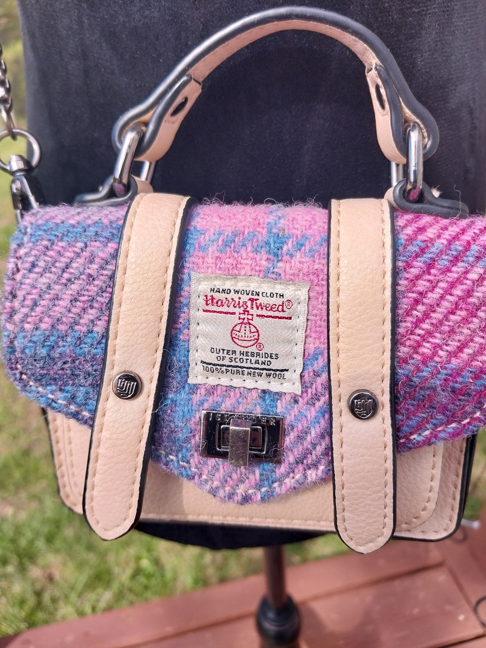Harris Tweed Pink & Blue Mini Top-Handle Bag with Cream Trim
